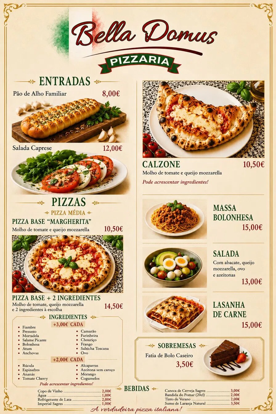 Cartaz do menu Bella Domus Pizzaria